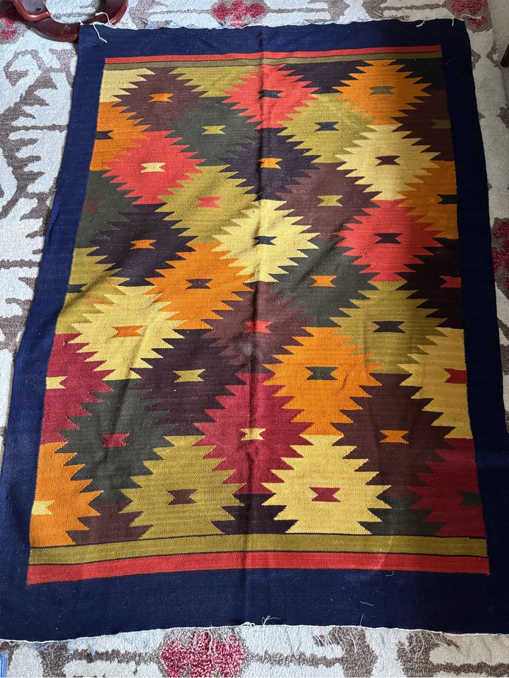 Incan Diamond Pattern Woven Rug/Tapestry in Navy, Mustard & Rust